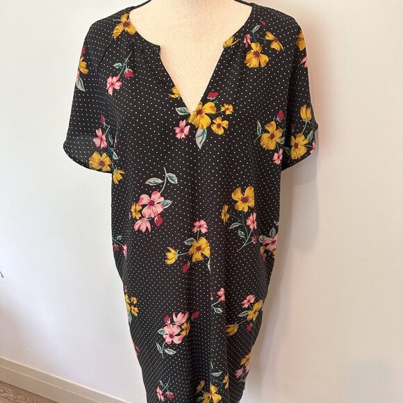 Old  Navy Floral Shift Dress Black Polka Dots Large Midi - Picture 7 of 7